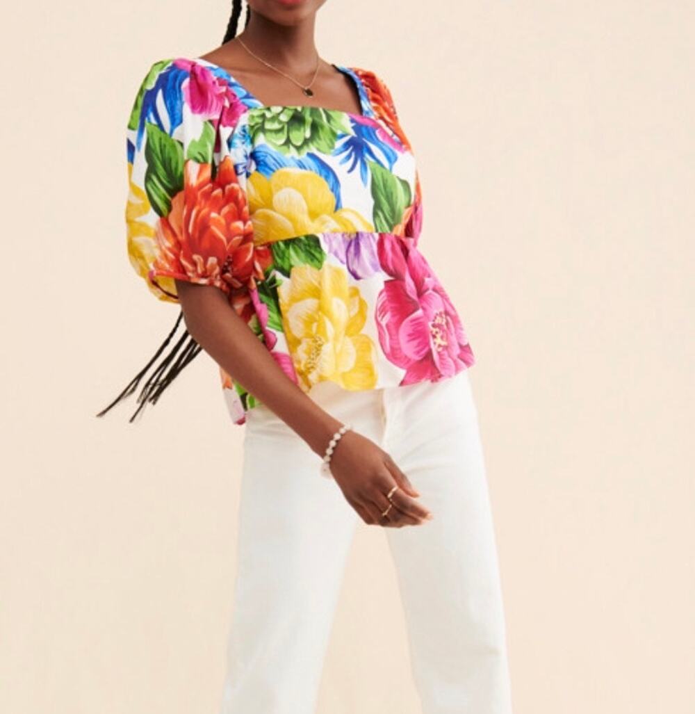 FARM Rio Rainbow Chita Blouse Tropical Floral Puff Sleeve Smocked Peplum XS